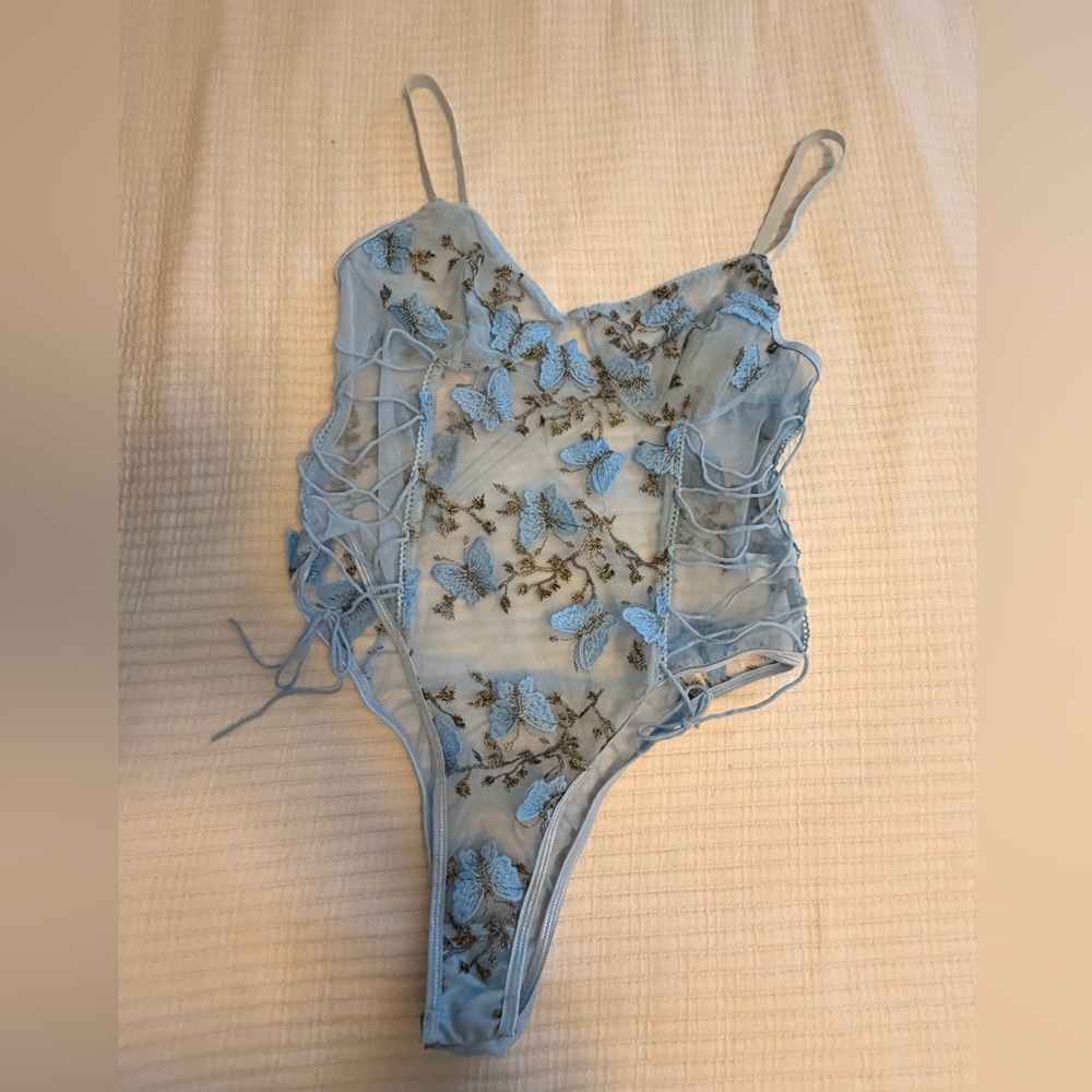 Blue Floral Lace Bodysuit